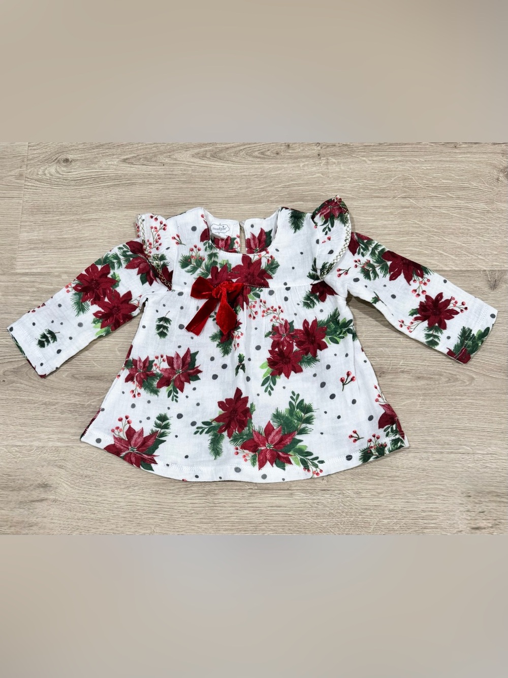 Mud Pie White Red & Green Poinsettia Ruffle-Shoulder Top